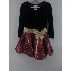 Bonnie Jean Girls Holiday Dress Velvet Top Plaid Skirt‎ Gold Bow 6X